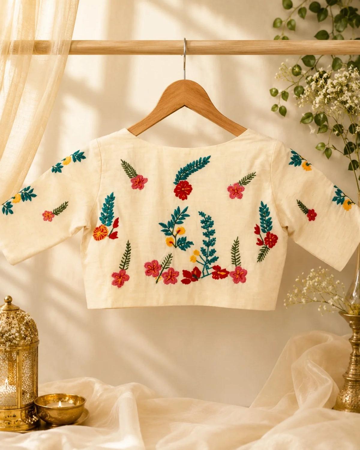 Off White Handwork Glass Sleeve Boat Neck Blouse product image