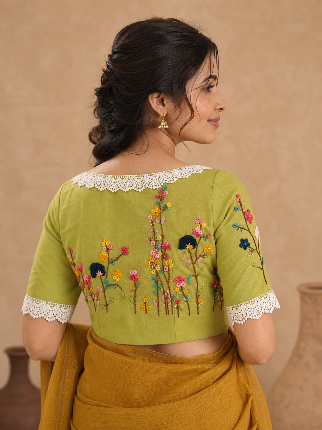 Pure Cotton Olive Green Thread Work Blouse for Women