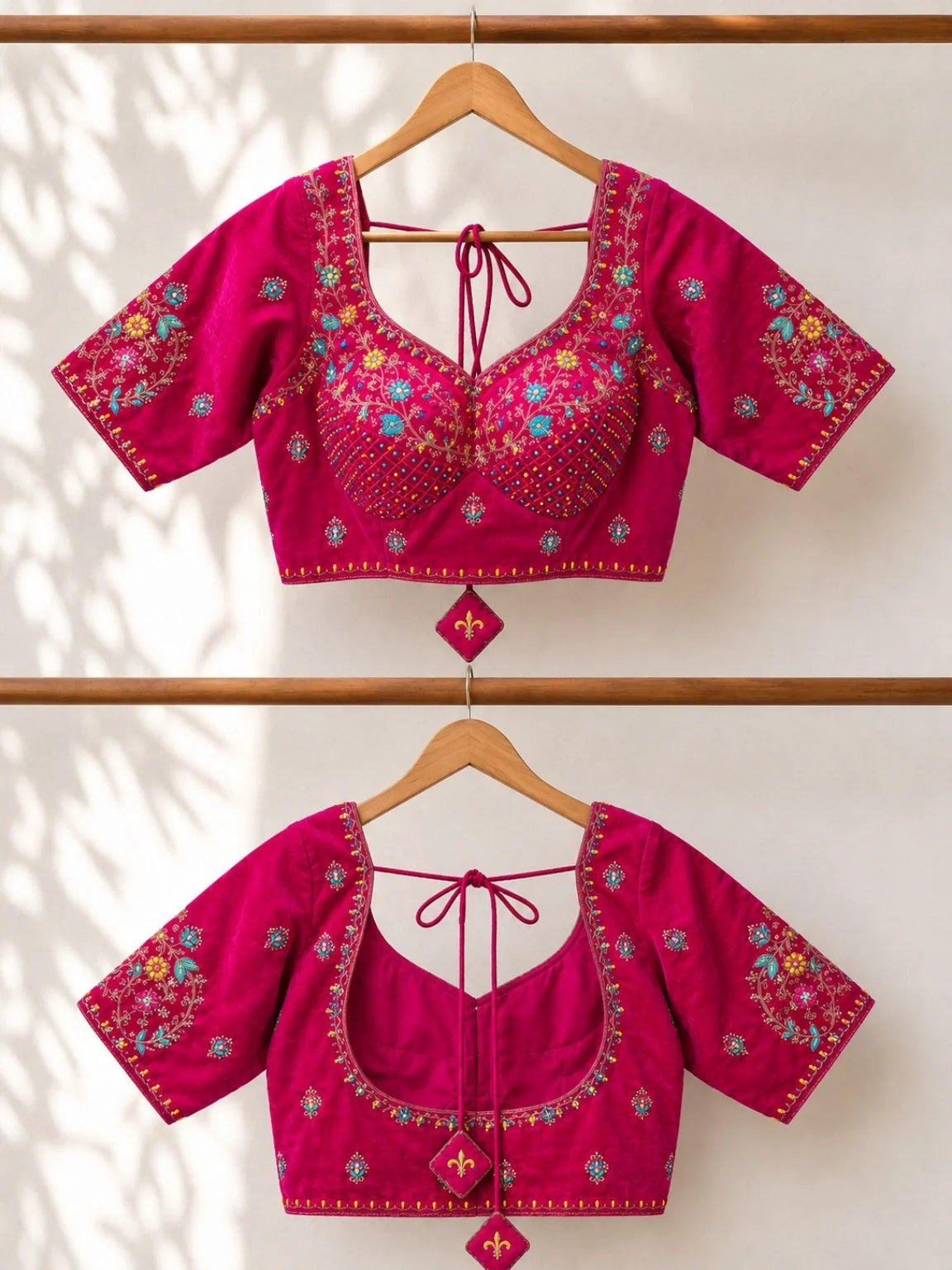 Pink Velvet Ari Work Sabyasachi Glass Sleeve Blouse for Women Floral Embroidered Bridal & Festive Ethnic Blouse