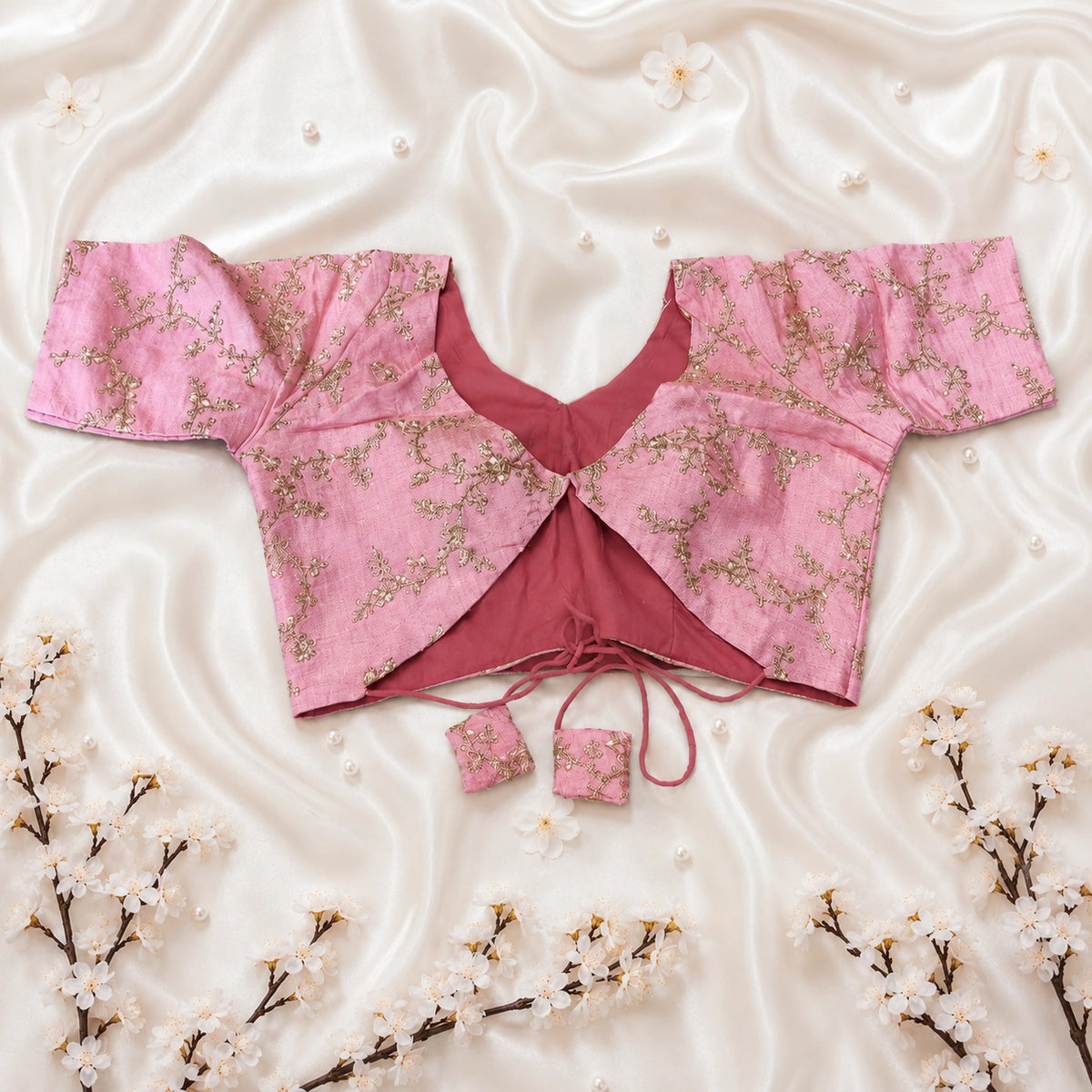 Pink Floral Embroidered Silk Blend Sweetheart Neck Blouse for Women Festive & Wedding Wear