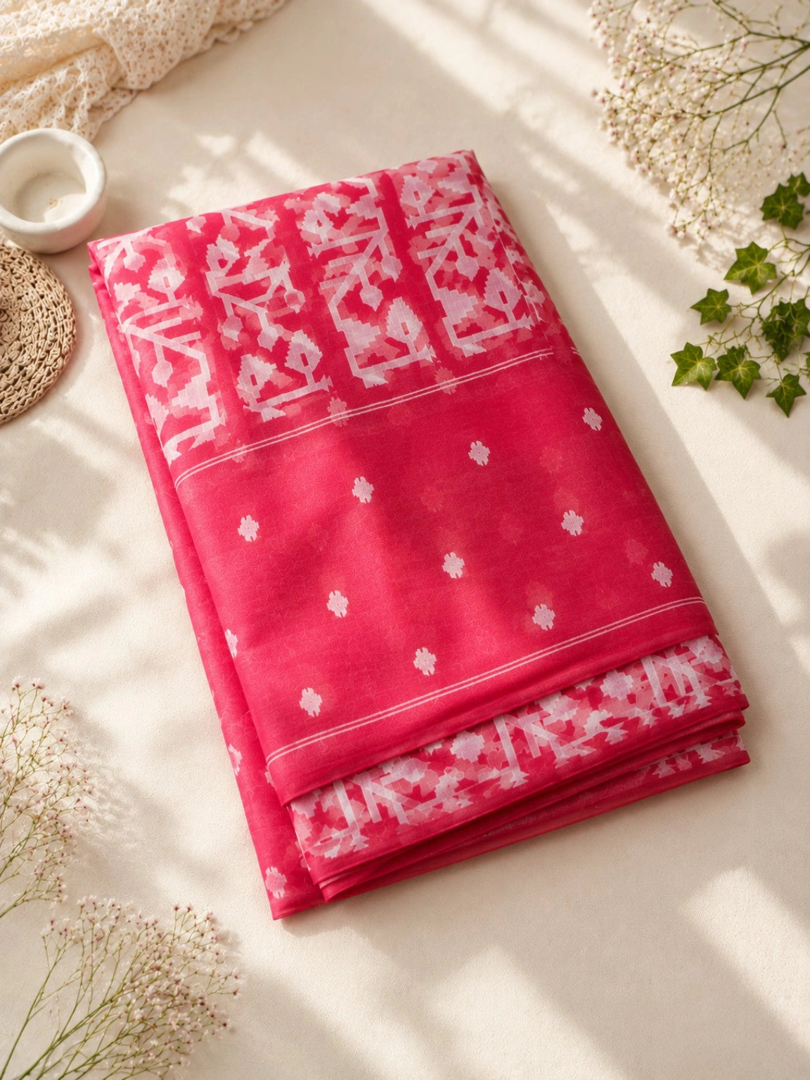 Red Muslin Saree with White Jamdani Inspired Woven Motifs & Contrast Border