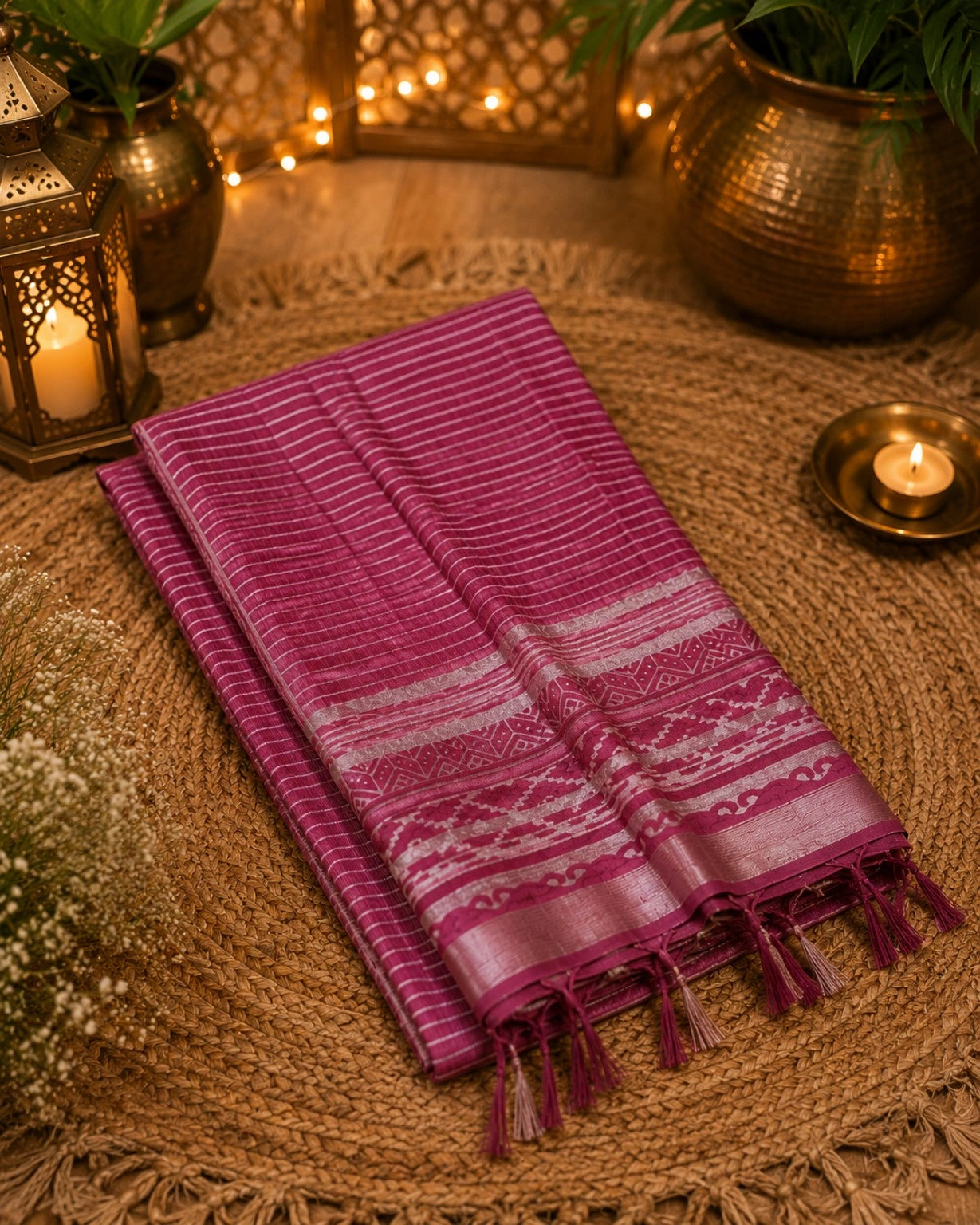 Magenta Pink Linen Bagru Print Saree with Striped Body & Ethnic Border