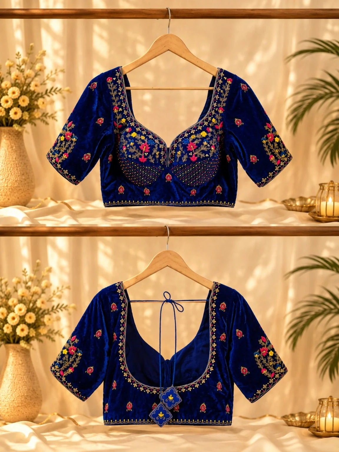 Royal Blue Velvet Ari Work Sabyasachi Glass Sleeve Blouse for Women Floral Embroidered Bridal & Festive Ethnic Blouse