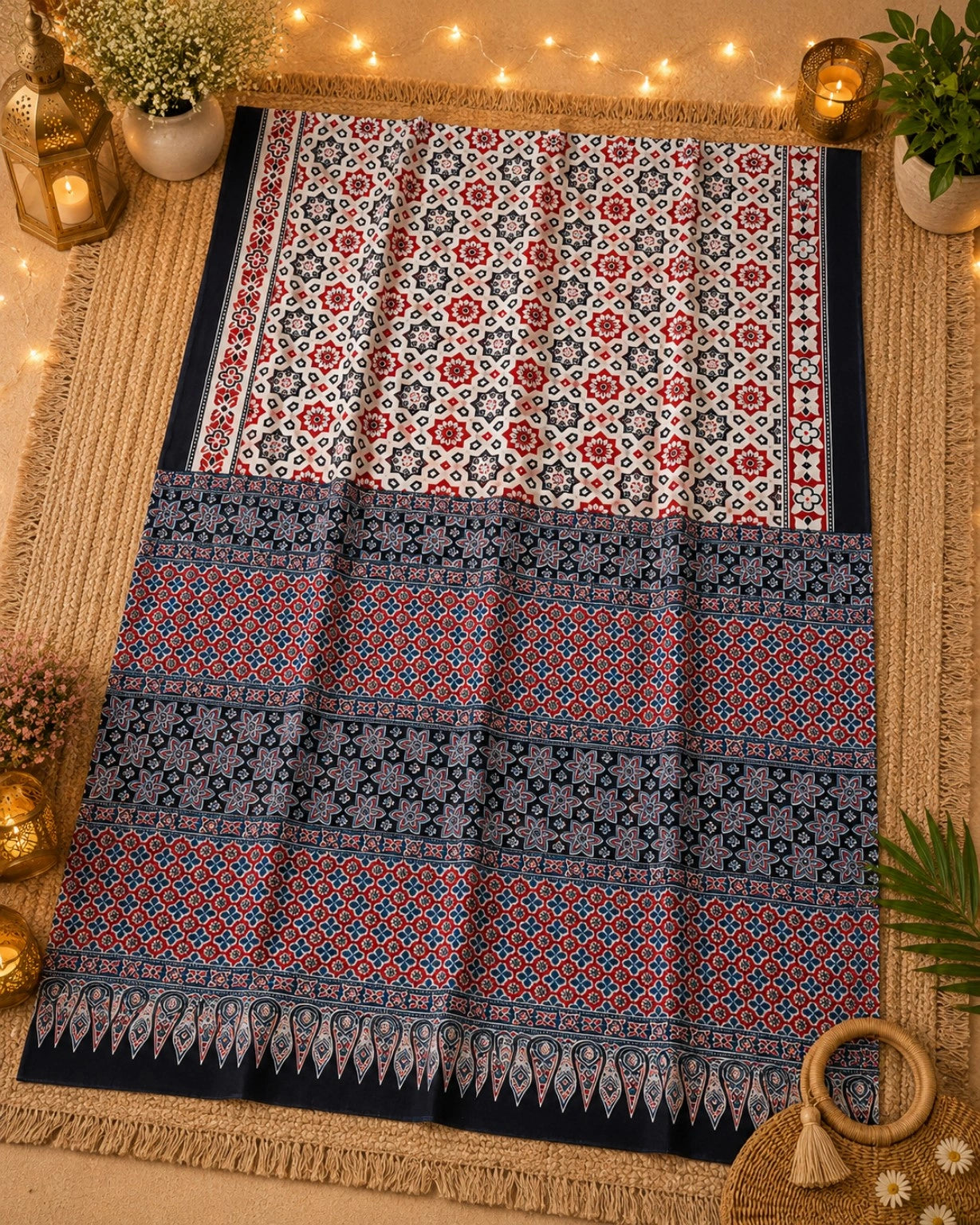 Mul Cotton Saree in Ivory White & Navy Blue Ajrakh-Inspired Floral Geometric Print