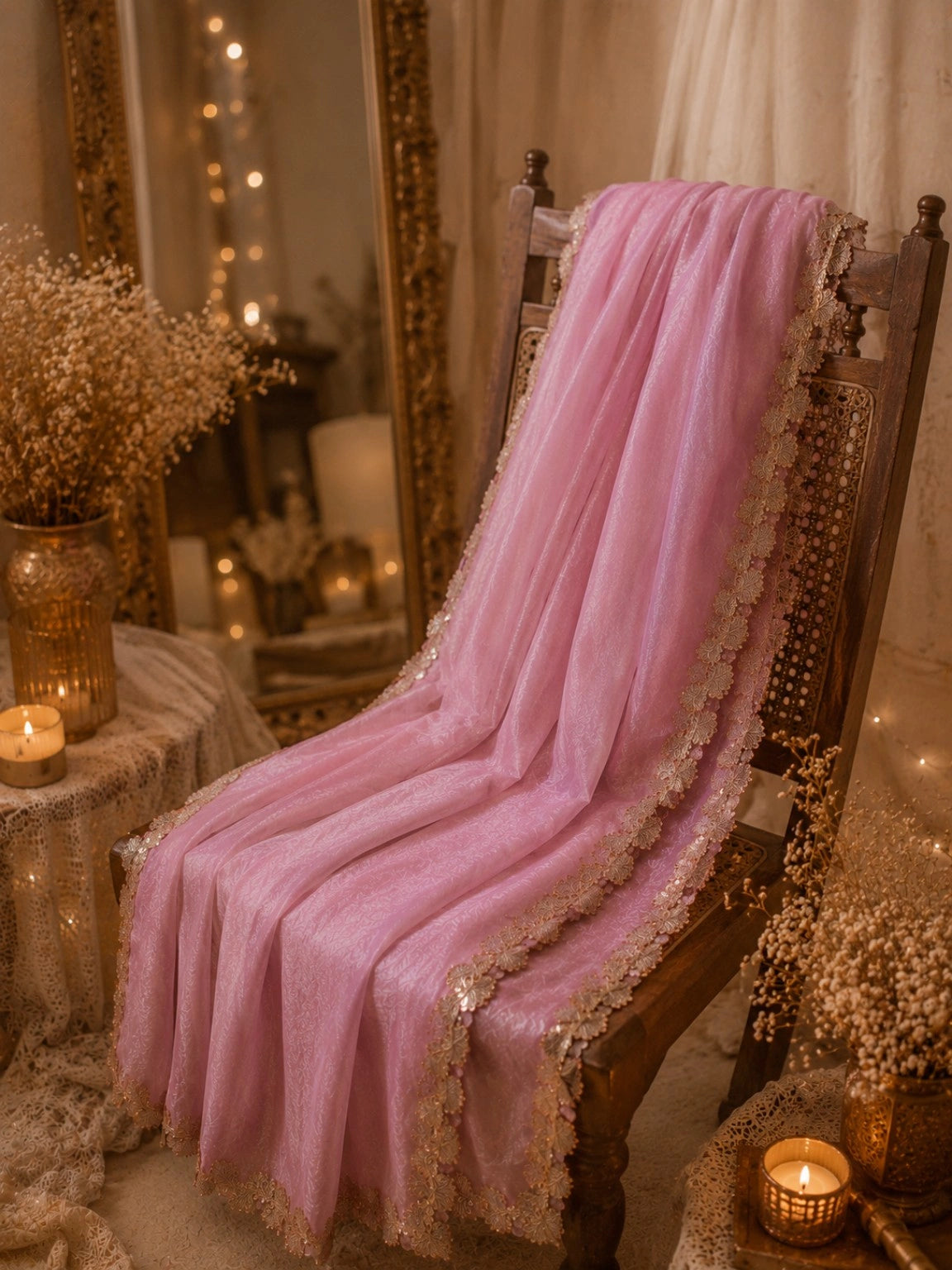 Baby Pink Fandy Crush Saree with Floral Sequin Lace Border Party Wear Saree