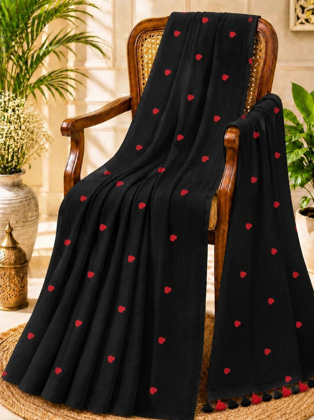 Black Mul Cotton Embroidery Saree with Red Buti Motifs & Tassel Pallu