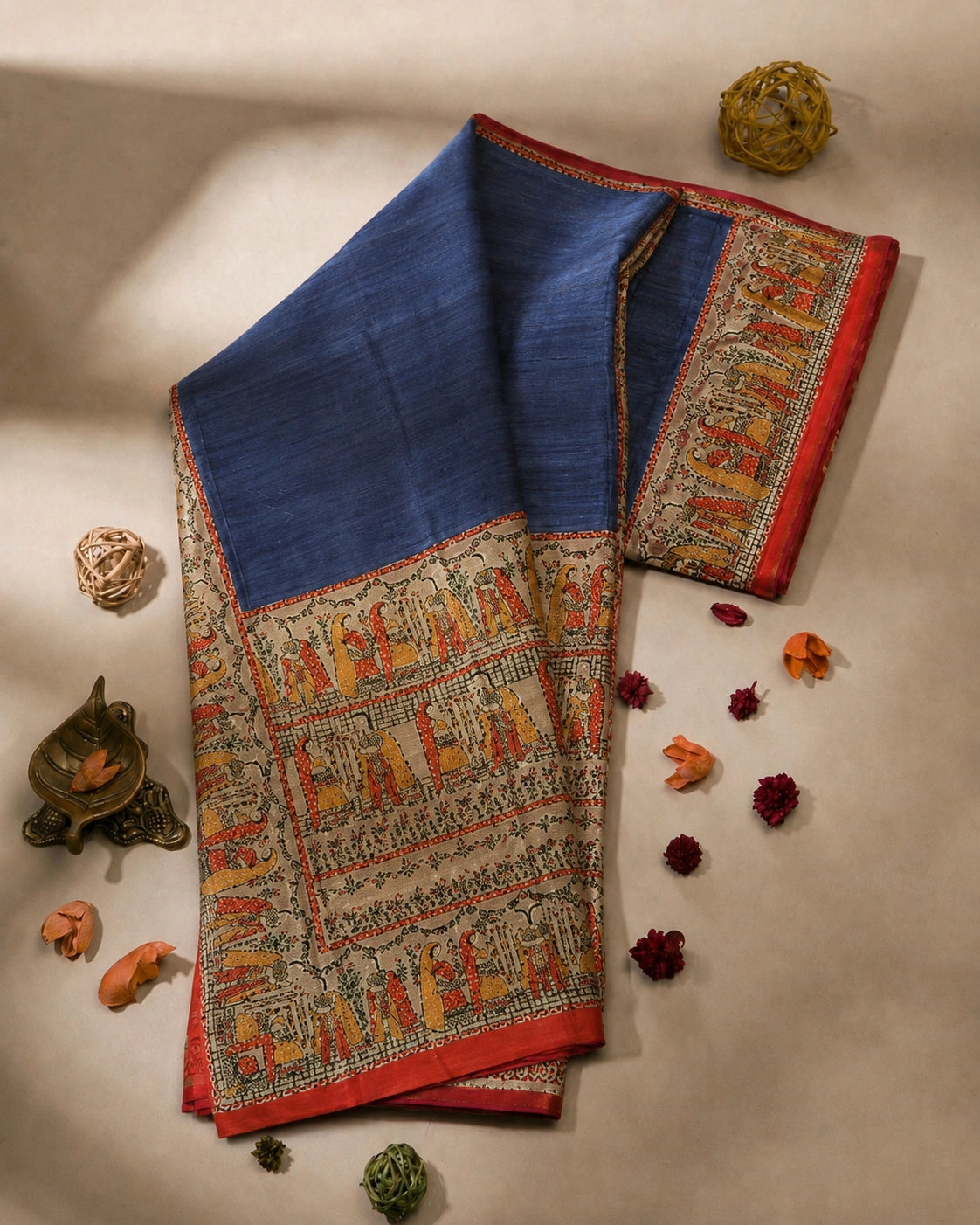 Navy Blue Ghicha Madhubani Saree with Traditional Mithila Art Border & Folk Motif Design