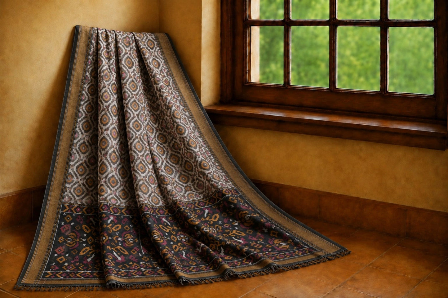 Pure Sico Pochampally Saree in Taupe Grey with Traditional Ikat Geometric Motifs & Dark Contrast Pallu