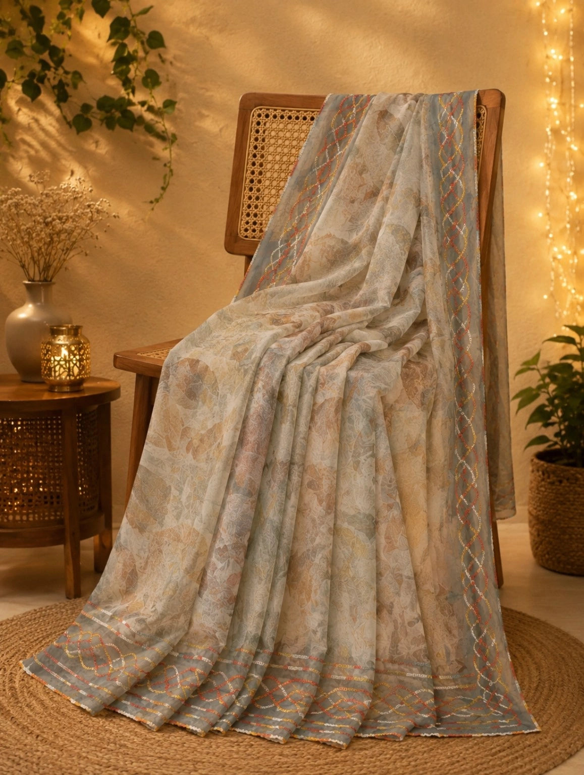 Grey Blue Tissue Embroidery Saree with Abstract Floral Print and Multicolor Embroidered Border