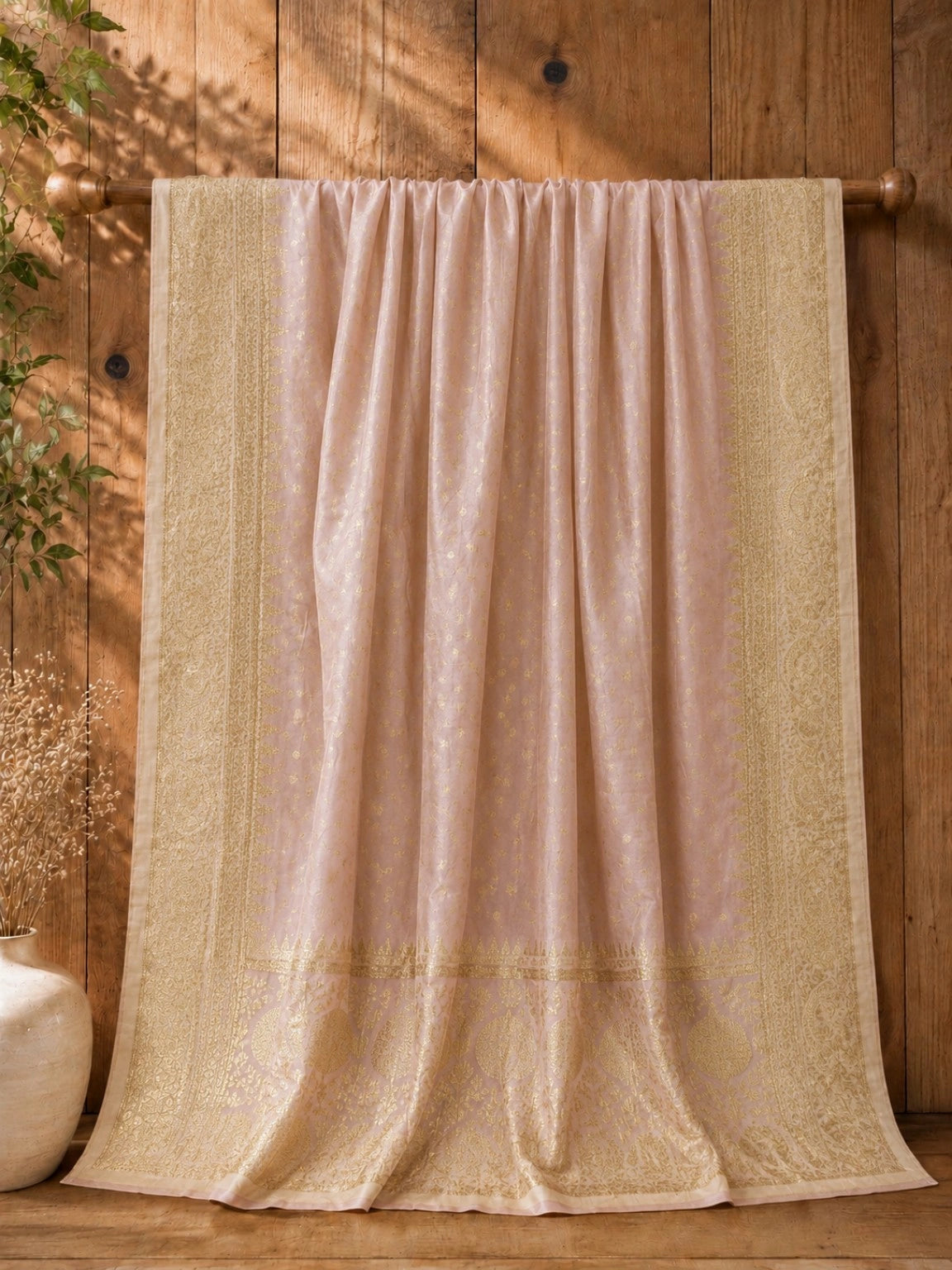 Pure Chandari Khadi Benarasi Saree in Blush Pink with Gold Woven Border & Buti Design