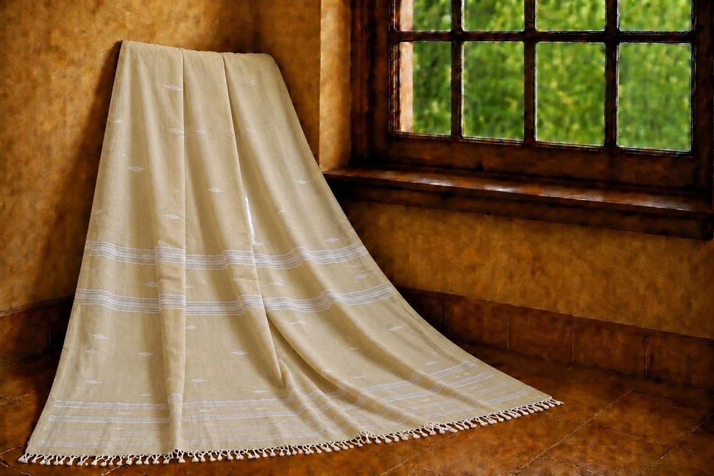 Beige Pure Mul Cotton Hand Weaving Jamdani Buta Saree with White Woven Stripes & Tassel Pallu