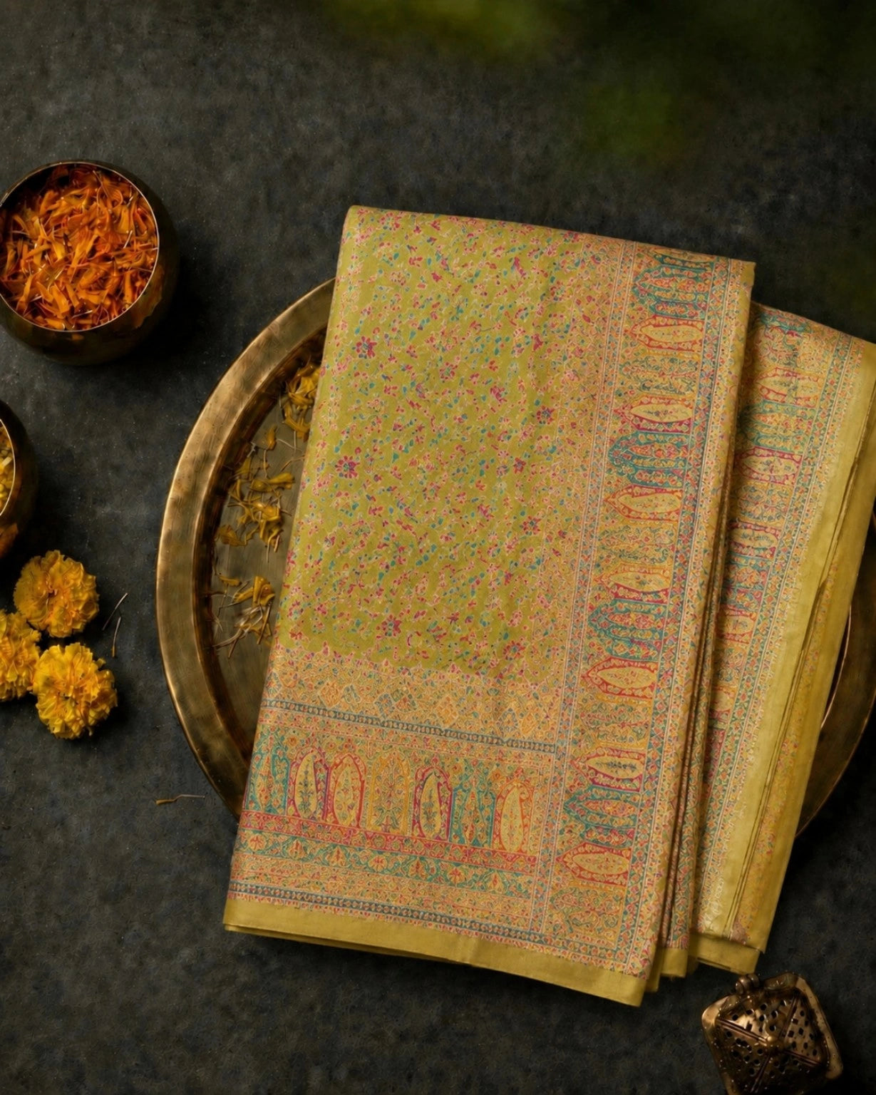 Pure Kashmiri Kani Silk Saree in Mustard Yellow with Floral Buta Weave & Paisley Pallu