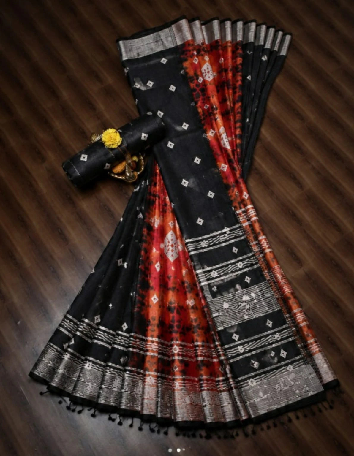Black & Rust Bandhej Print Linen Saree with Silver Woven Border