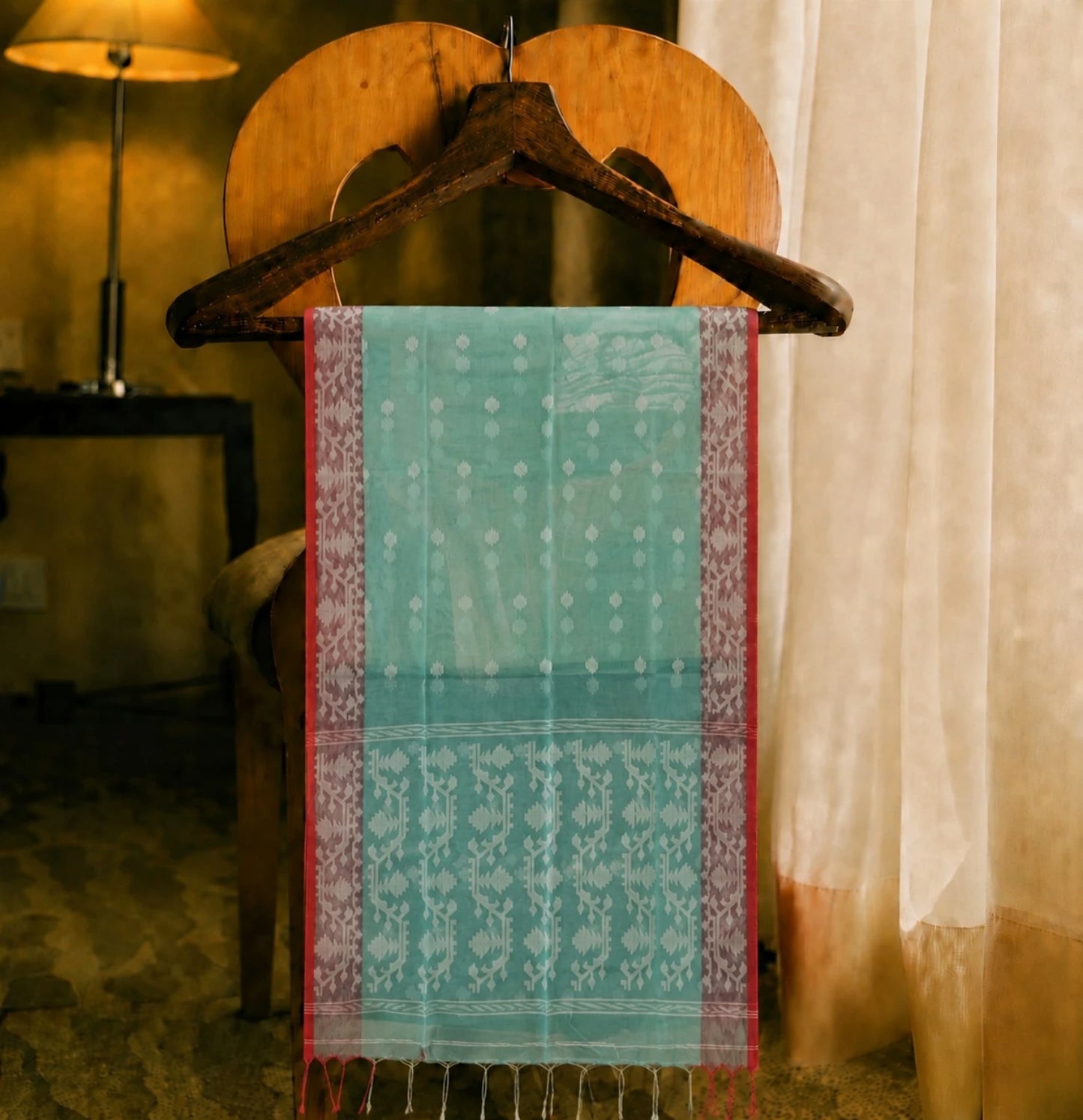 Sea Green Muslin Jamdani Saree with White Floral Buti & Traditional Woven Pallu