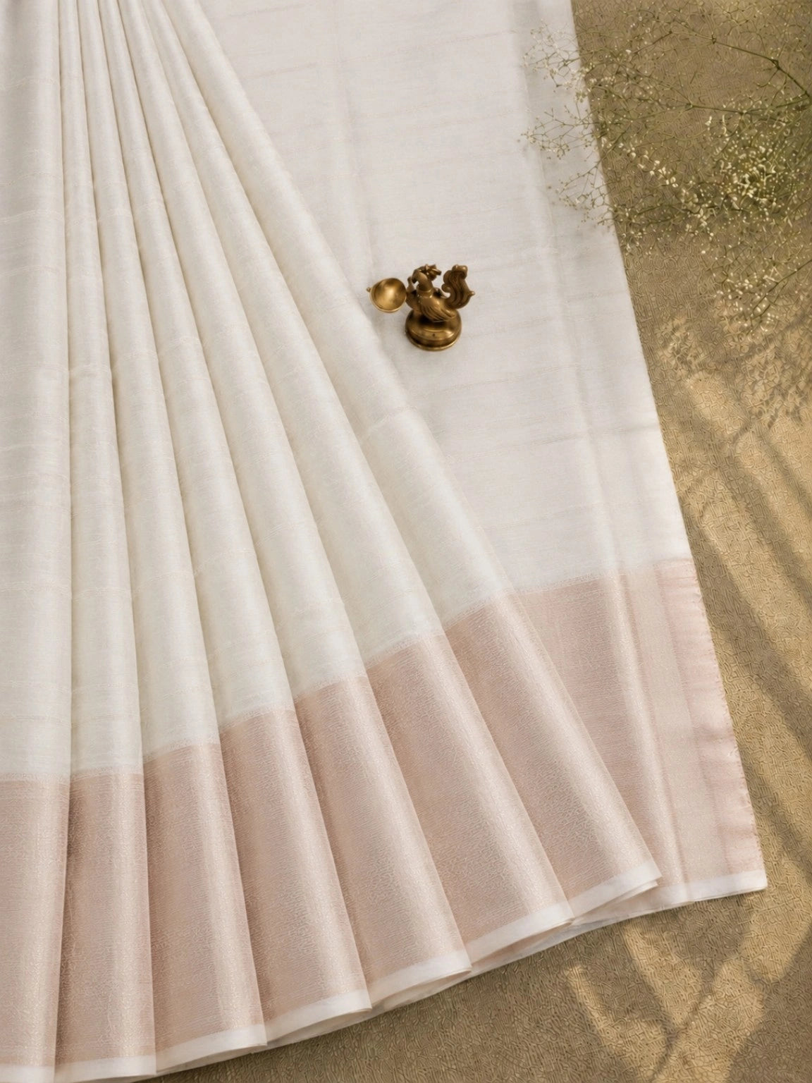 Off-White Mangalgiri Saree with Rose Gold Zari Border