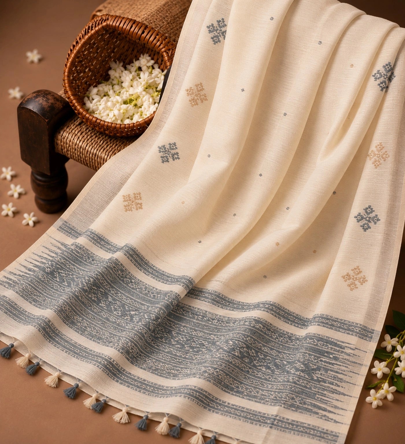 Off White Handloom Jamdani Saree with Blue Woven Border & Traditional Buti Motifs