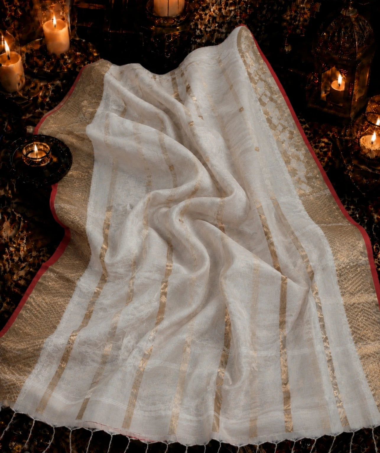 Off White Muslin Jamdani Saree with Gold Buti Work and Red Temple Border