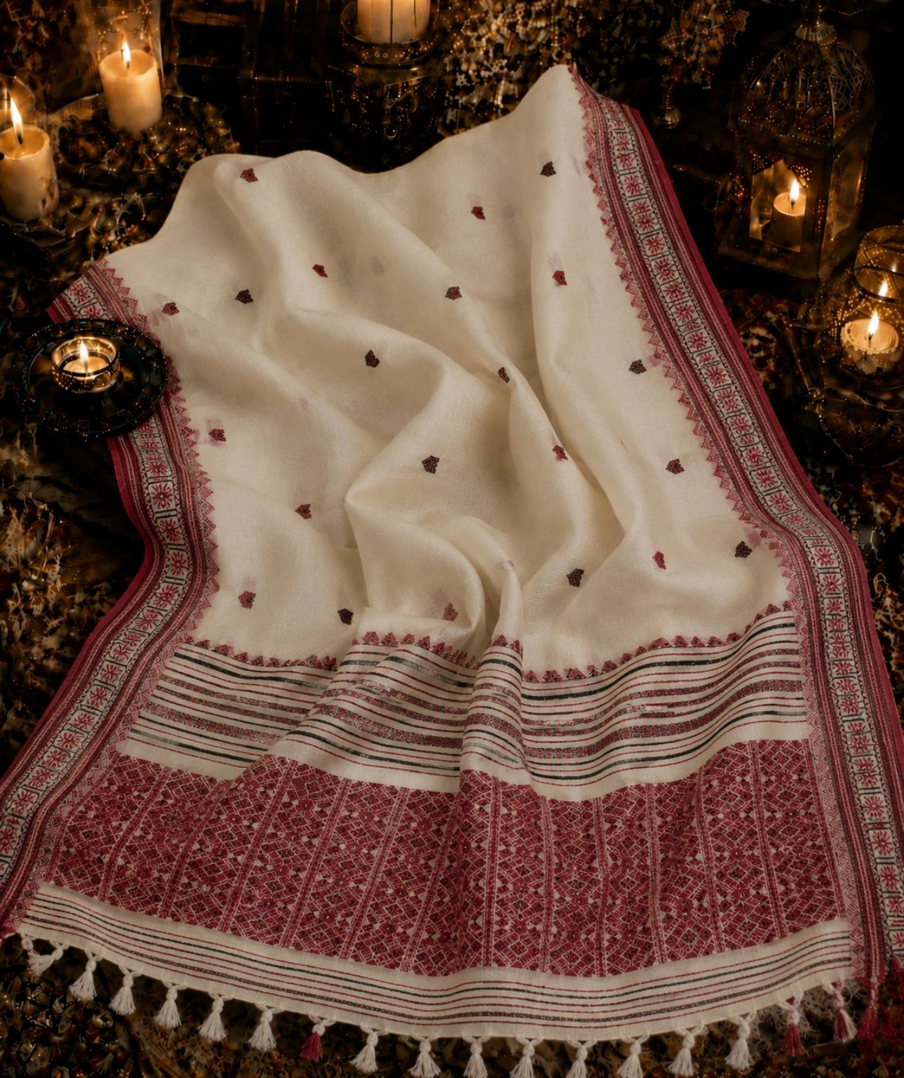 Pure Cotton Weaving Saree in Off White & Maroon Traditional Border Design