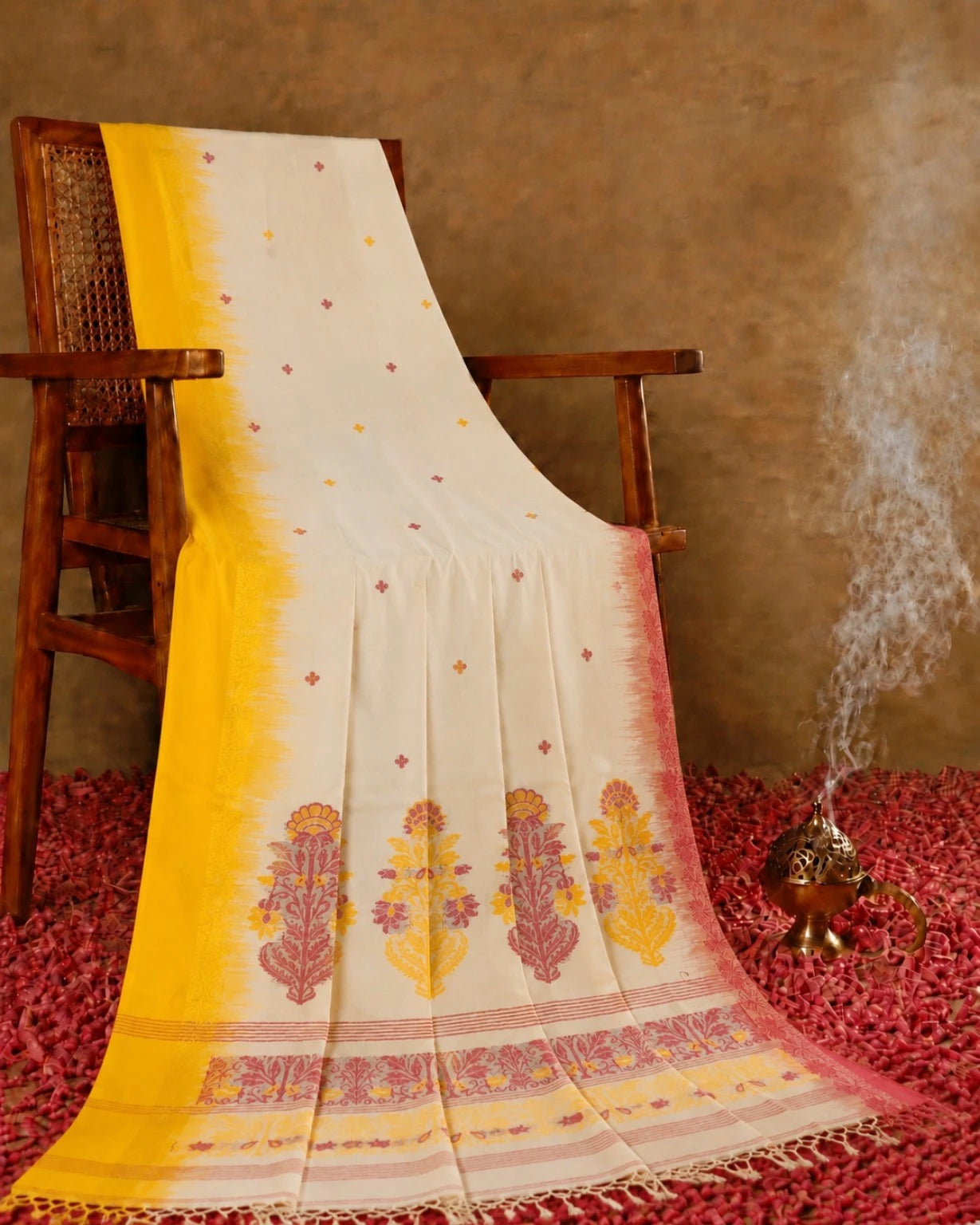 Cotton Jamdani Ganga Jamuna Border Saree in Off-White & Mustard Yellow with Floral Woven Motifs