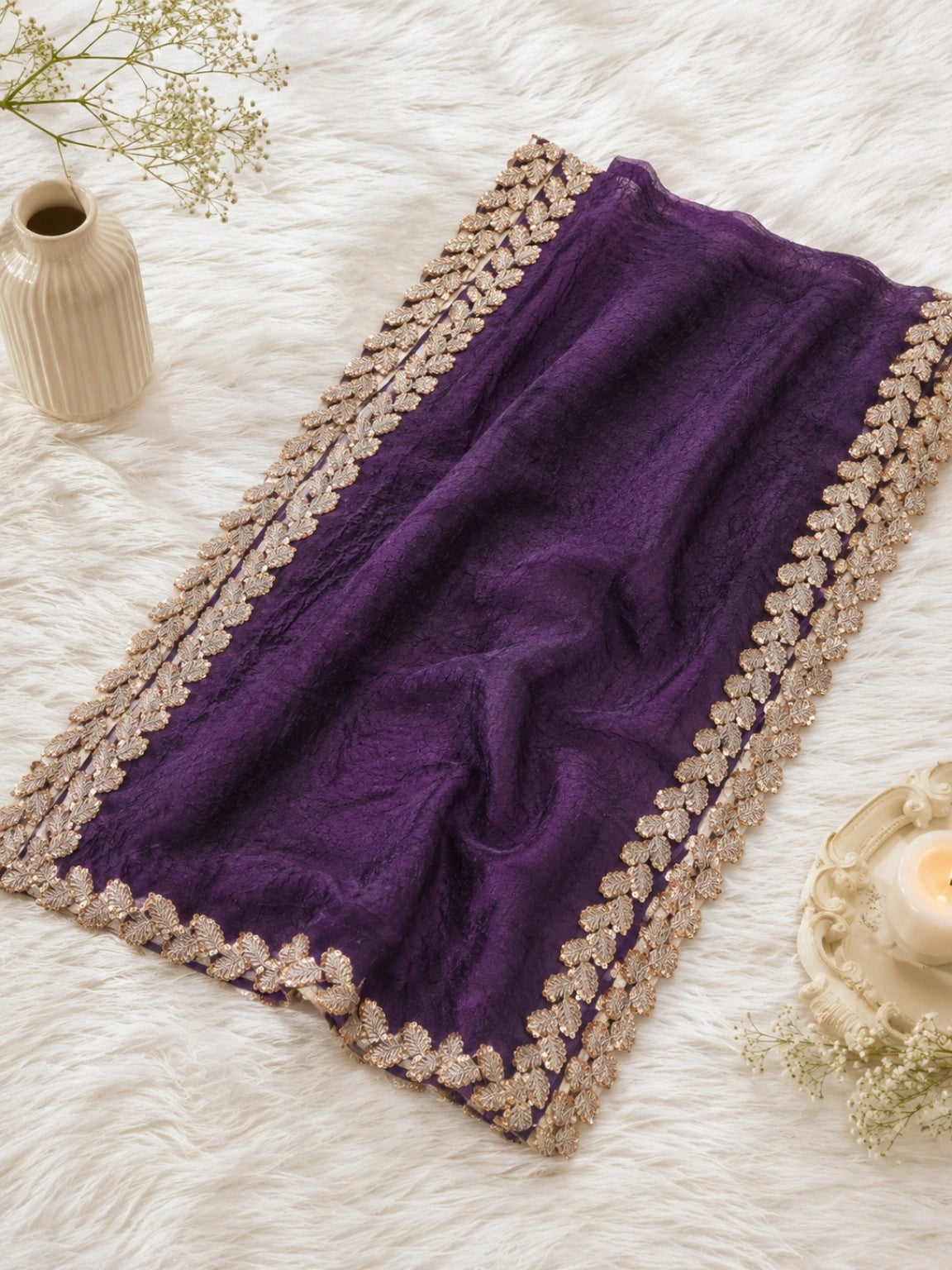 Deep Purple Jimmy Choo Saree with Golden Leaf Embellished Border