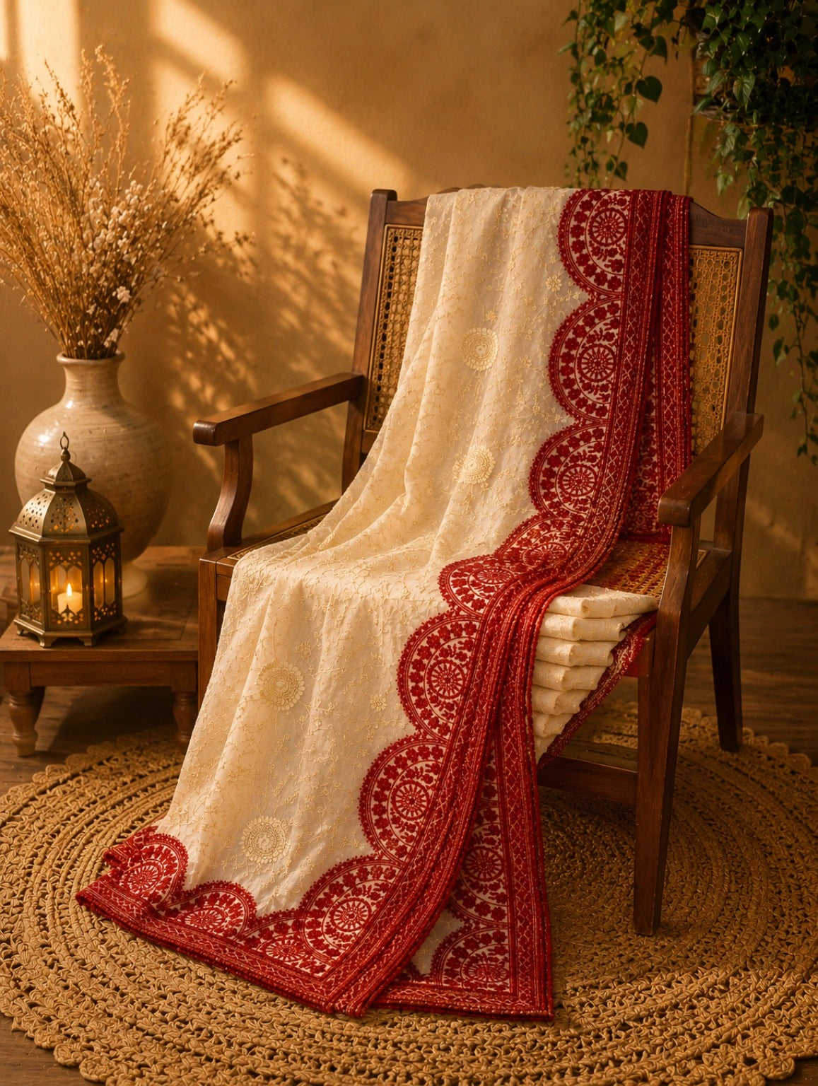 WEVOW Off White Soft Georgette Lucknow Embroidery Saree with Red Floral Cutwork Border