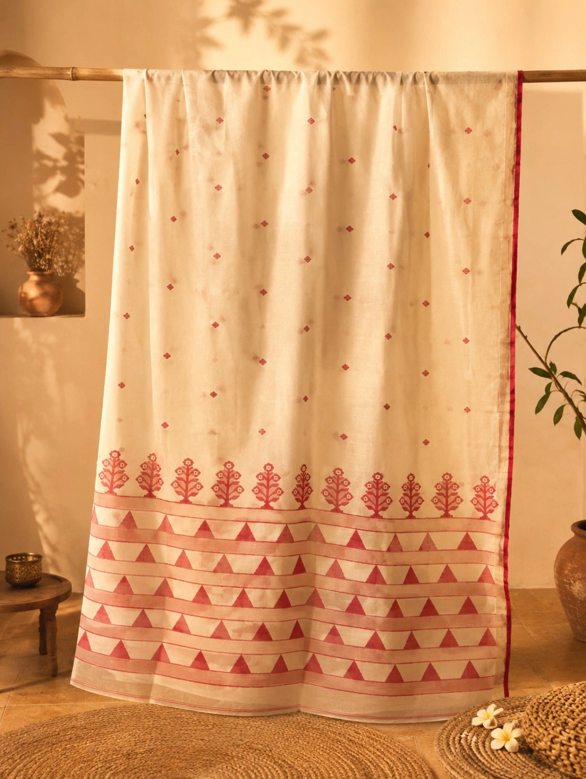 Off White Cotton Tangail Handloom Saree with Red Tribal Tree Motif Border