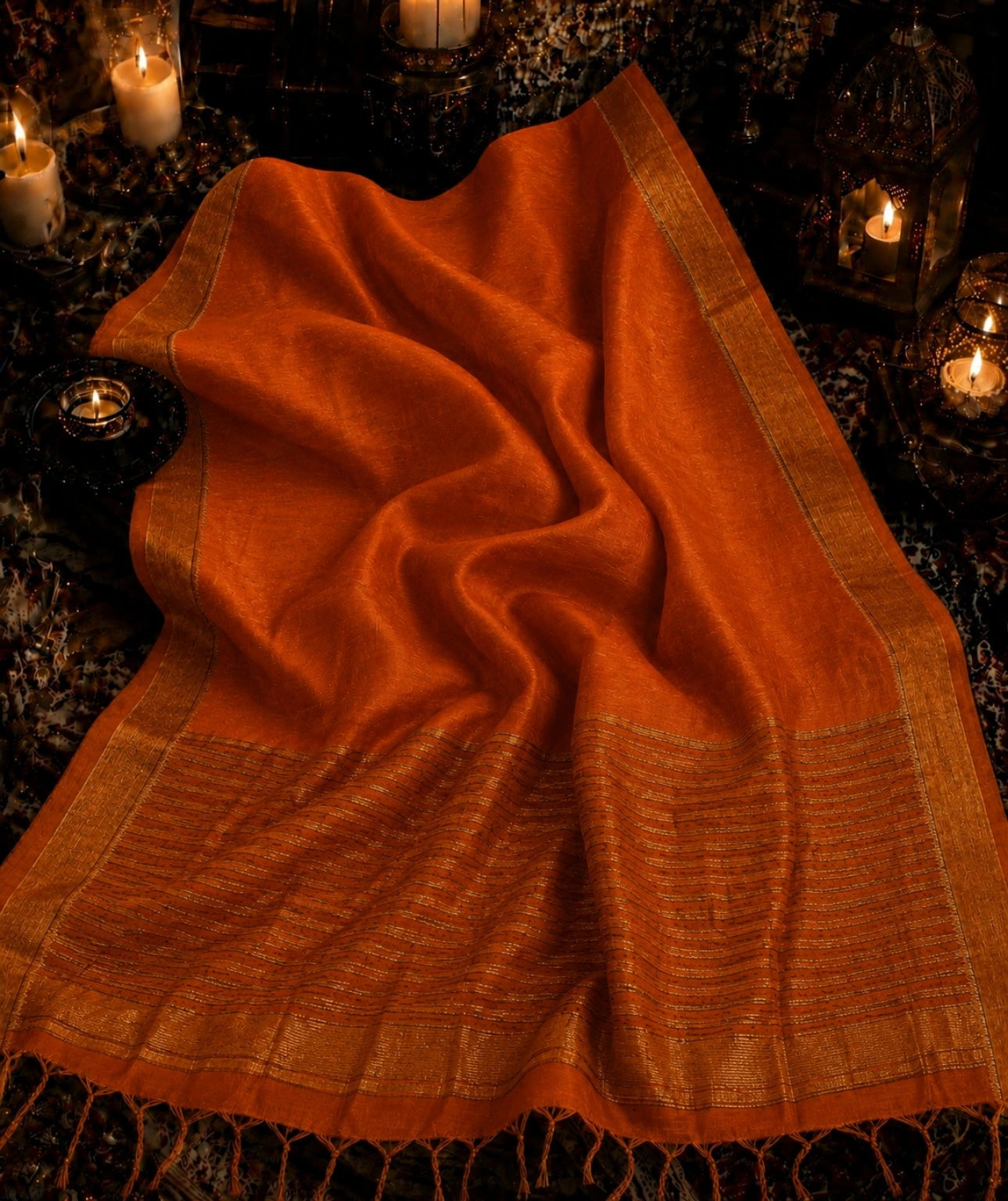 Burnt Orange Linen Zari Saree with Gold Woven Border & Tassel Pallu
