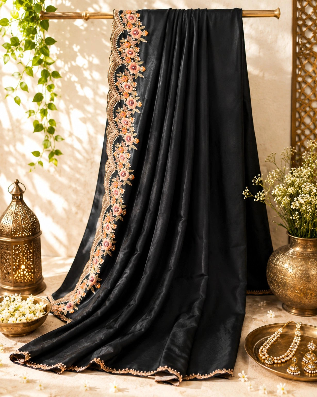 Black Soft Premium Silk Saree with Peach Floral Embroidered Scalloped Border