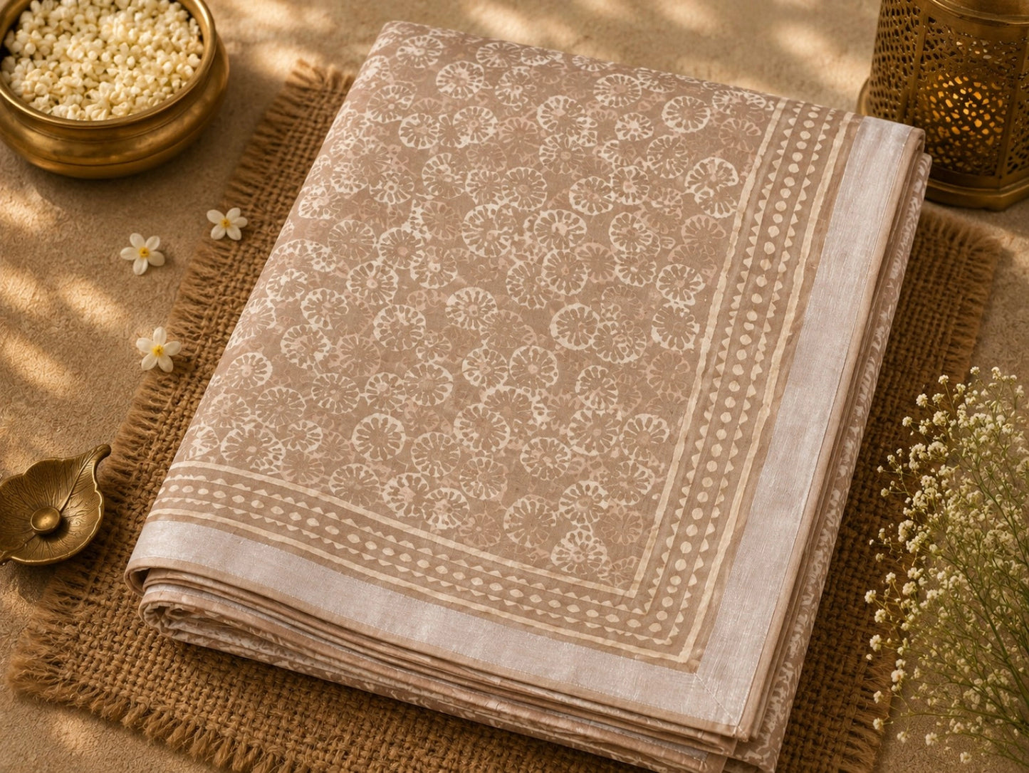 Beige Linen Bagru Print Saree with Floral Block Motif & Artisan Border