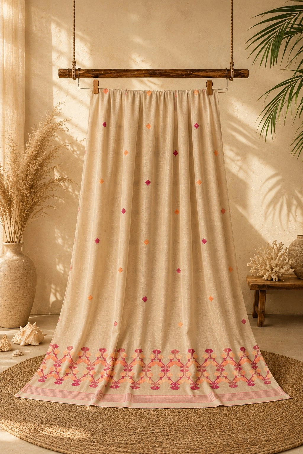 Beige Cotton Tangail Handloom Saree with Pink & Peach Woven Border Design
