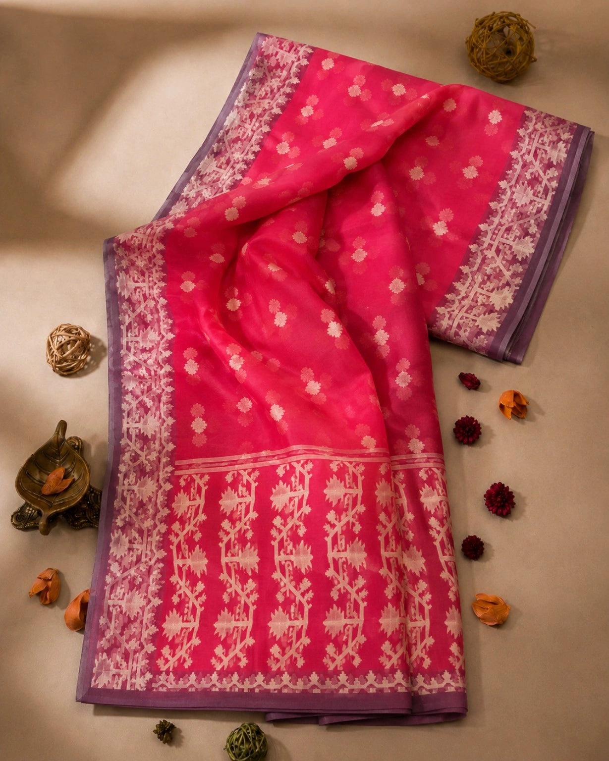 Pink Muslin Jamdani Saree with Floral Buti Weaving and Traditional White Jamdani Border