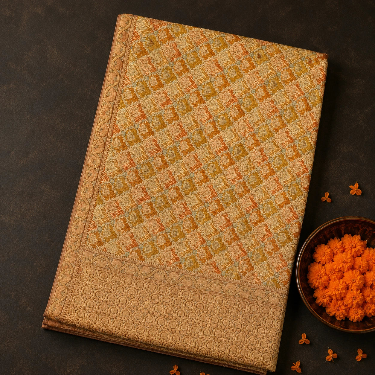 Rust Orange Ghar Chola Bandhej Khaddi Saree with Traditional Woven Border
