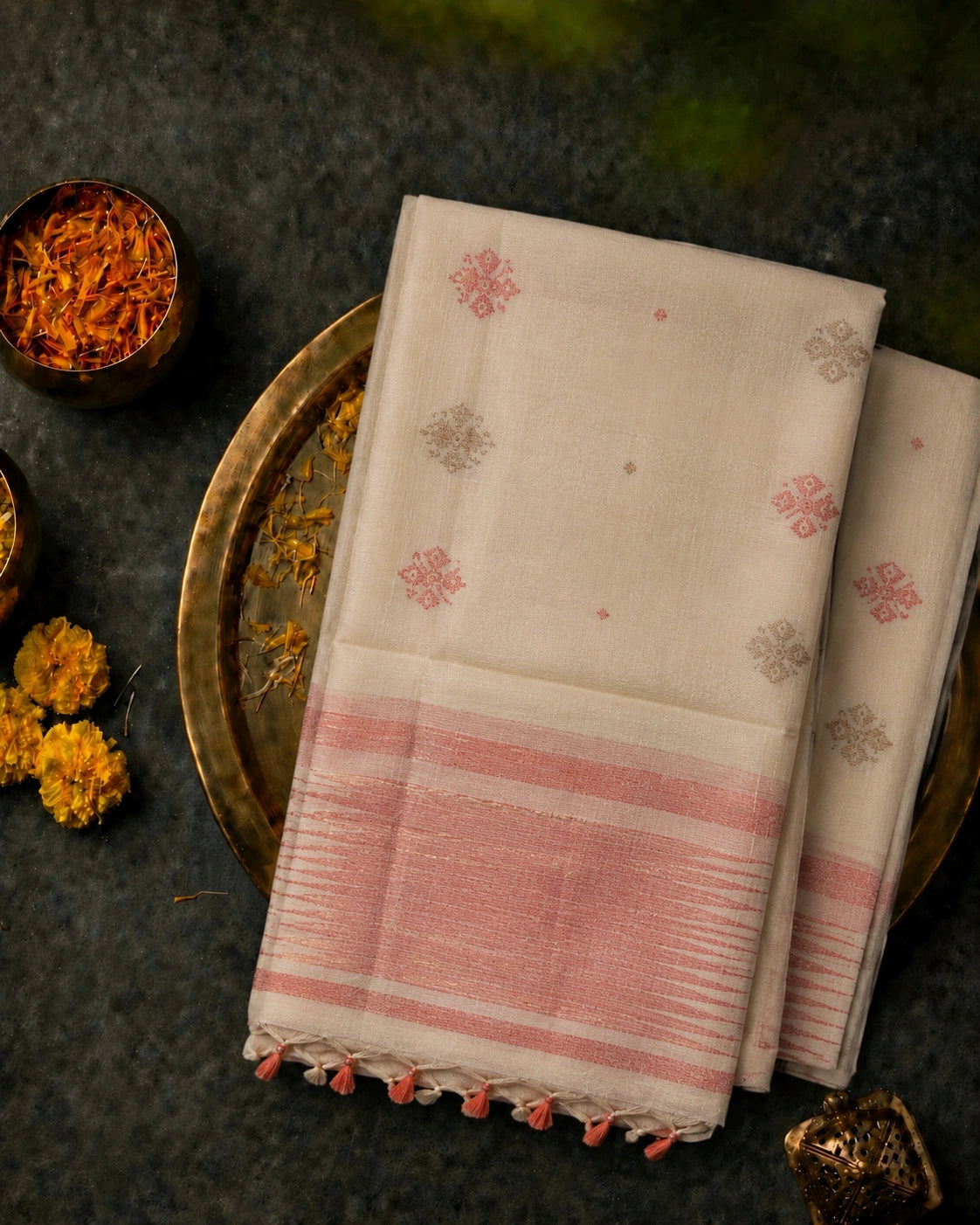 Off White Handloom Jamdani Saree with Red Woven Border & Traditional Buti Motifs