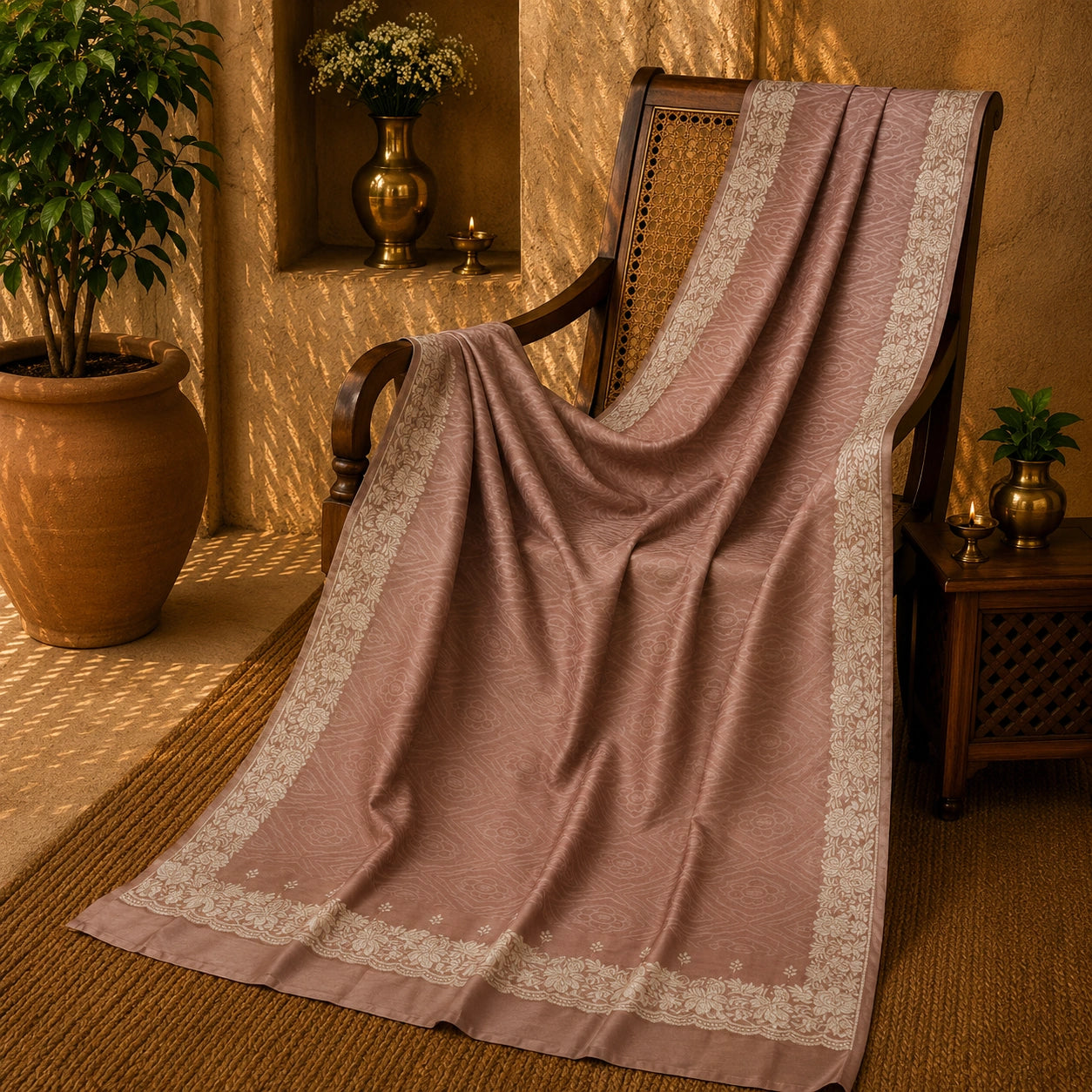 Dusty Mauve Tussar Bandhej Saree with Off-White Floral Woven Border
