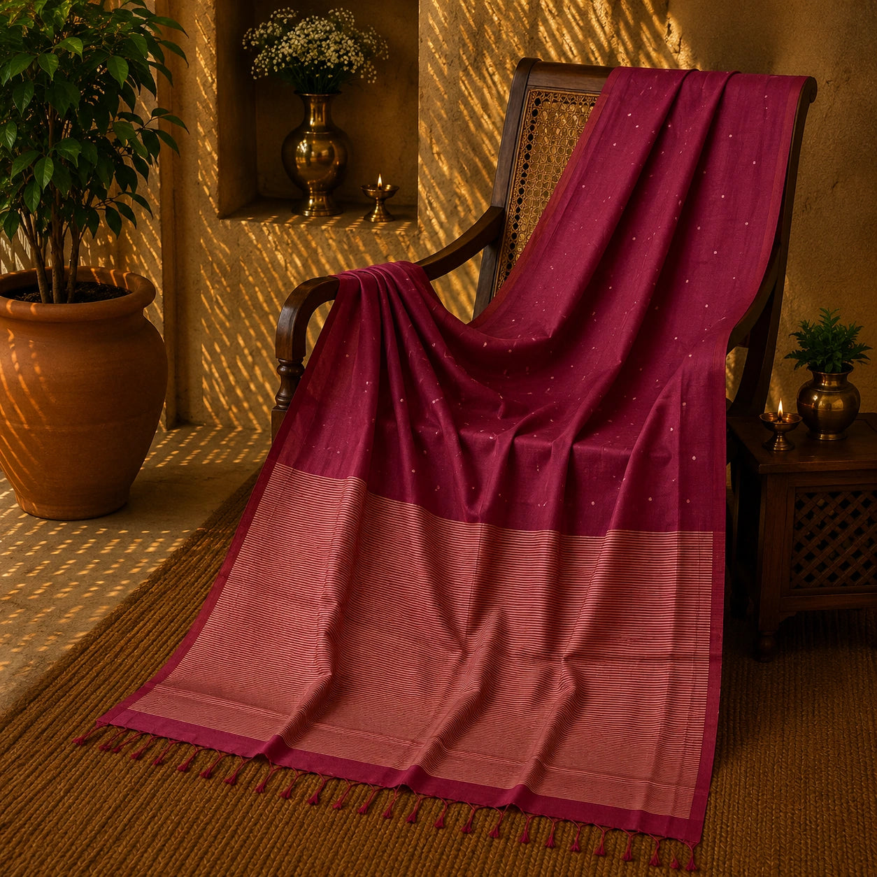 Deep Maroon Handloom Pure Cotton Jamdani Saree with Buti Weaving and Striped Woven Pallu