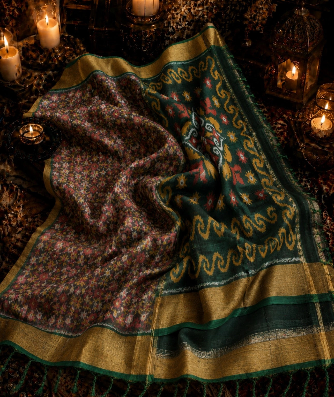 Pure Sico Pochampally Saree in Forest Green with Floral Print & Traditional Pallu Design