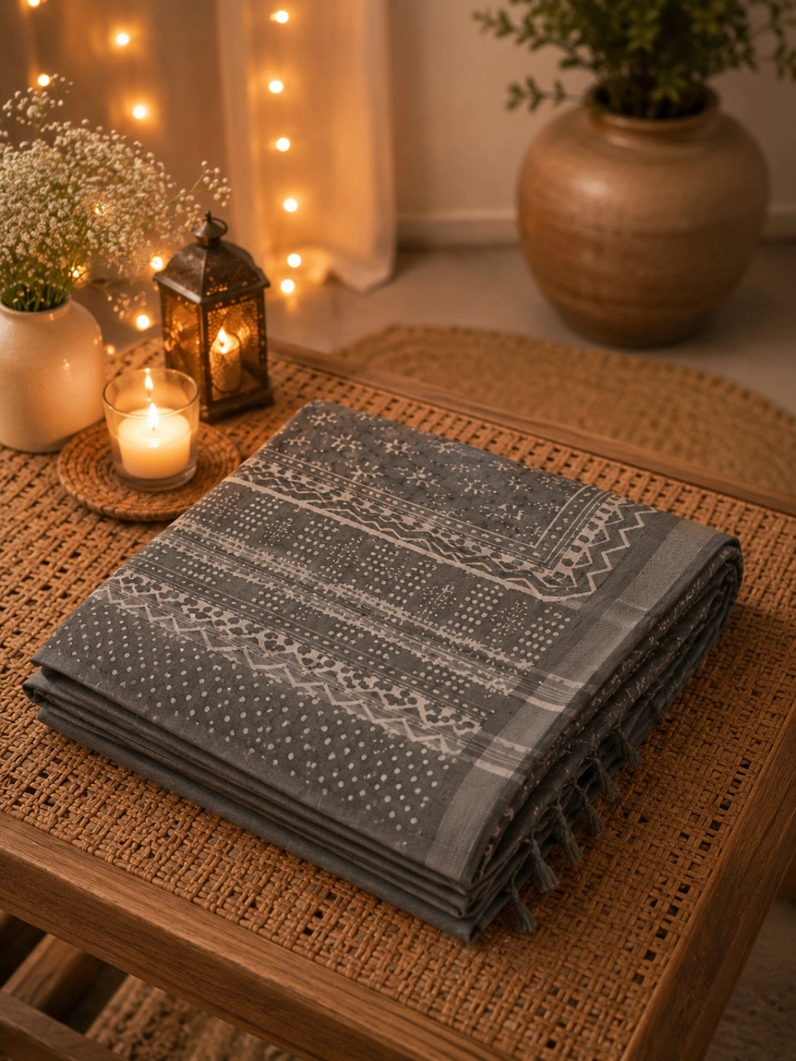 Grey Linen Bagru Print Saree with Ethnic Floral Buta & Tribal Border Design