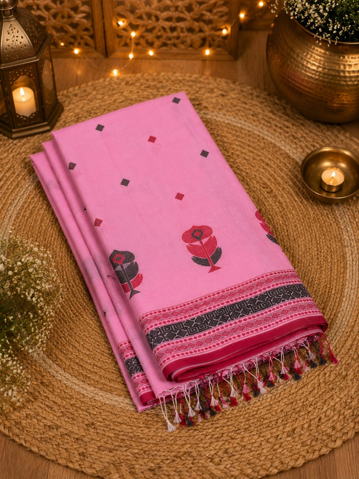 Pink Cotton Weaving Handloom Saree with Floral Buta & Geometric Border