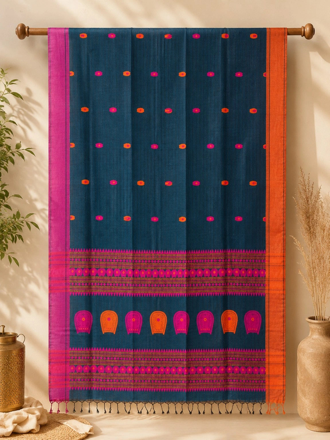 Deep Teal Pure Cotton Weaving Saree with Pink Orange Motifs & Statement Woven Pallu