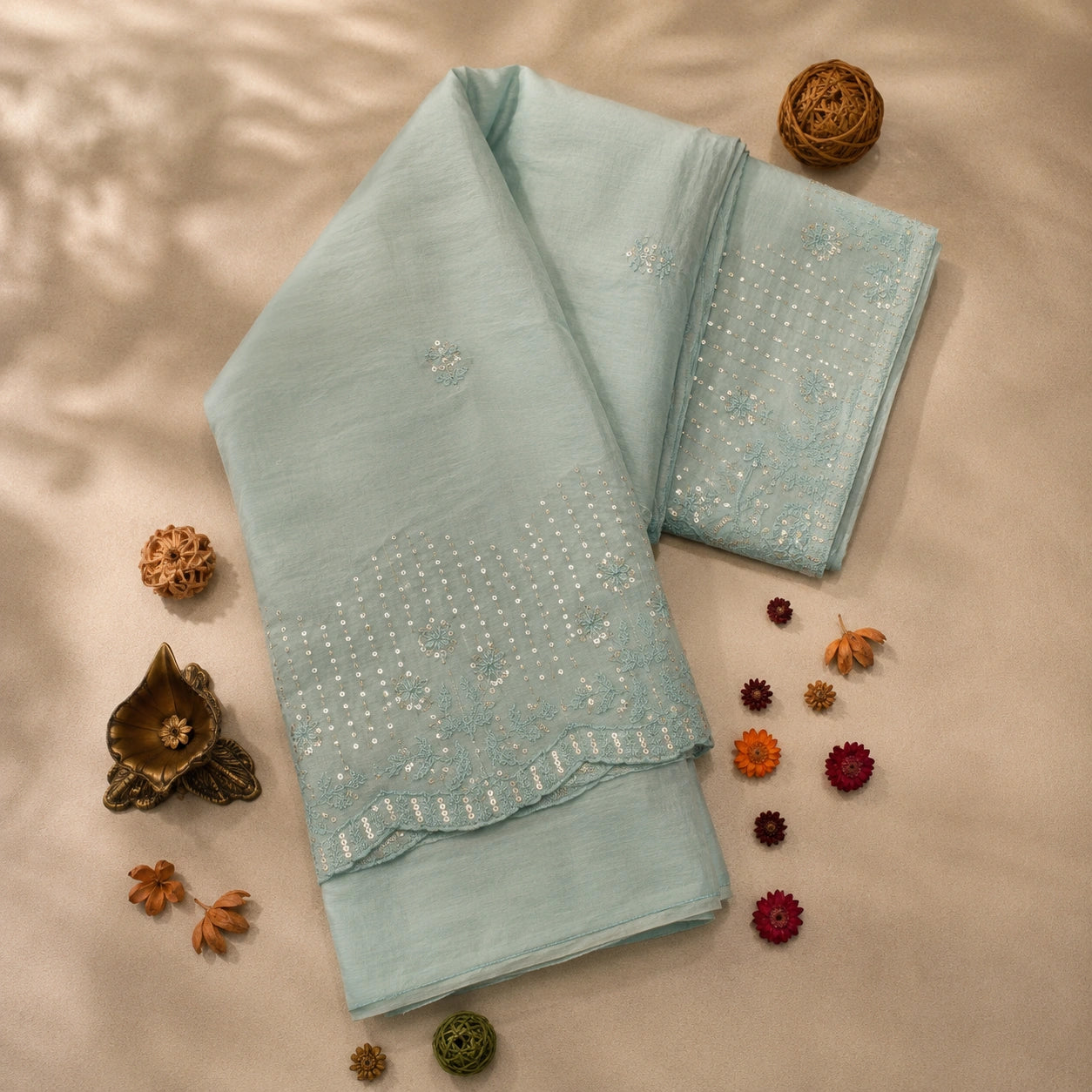Powder Blue Chanderi Sequence Saree with Floral Buti Work and Embroidered Border
