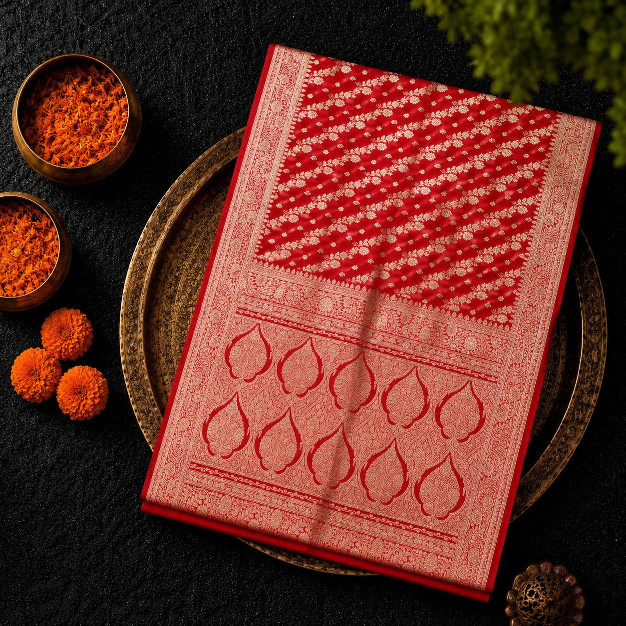 Red Pure Katan Banarasi Saree with Gold Zari Floral Buti and Traditional Paisley Pallu