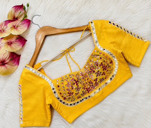 Yellow Pure Cotton Handwork Mirror Work Blouse with Glass Embellished Sweetheart Neck