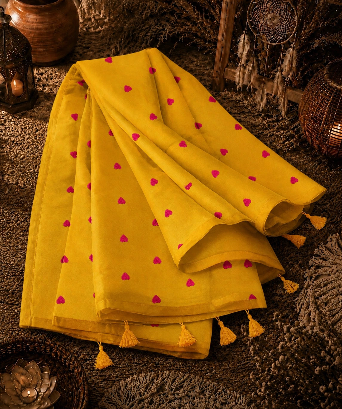 Mustard Yellow Mul Cotton Embroidery Saree with Pink Heart Motifs & Tassel Pallu
