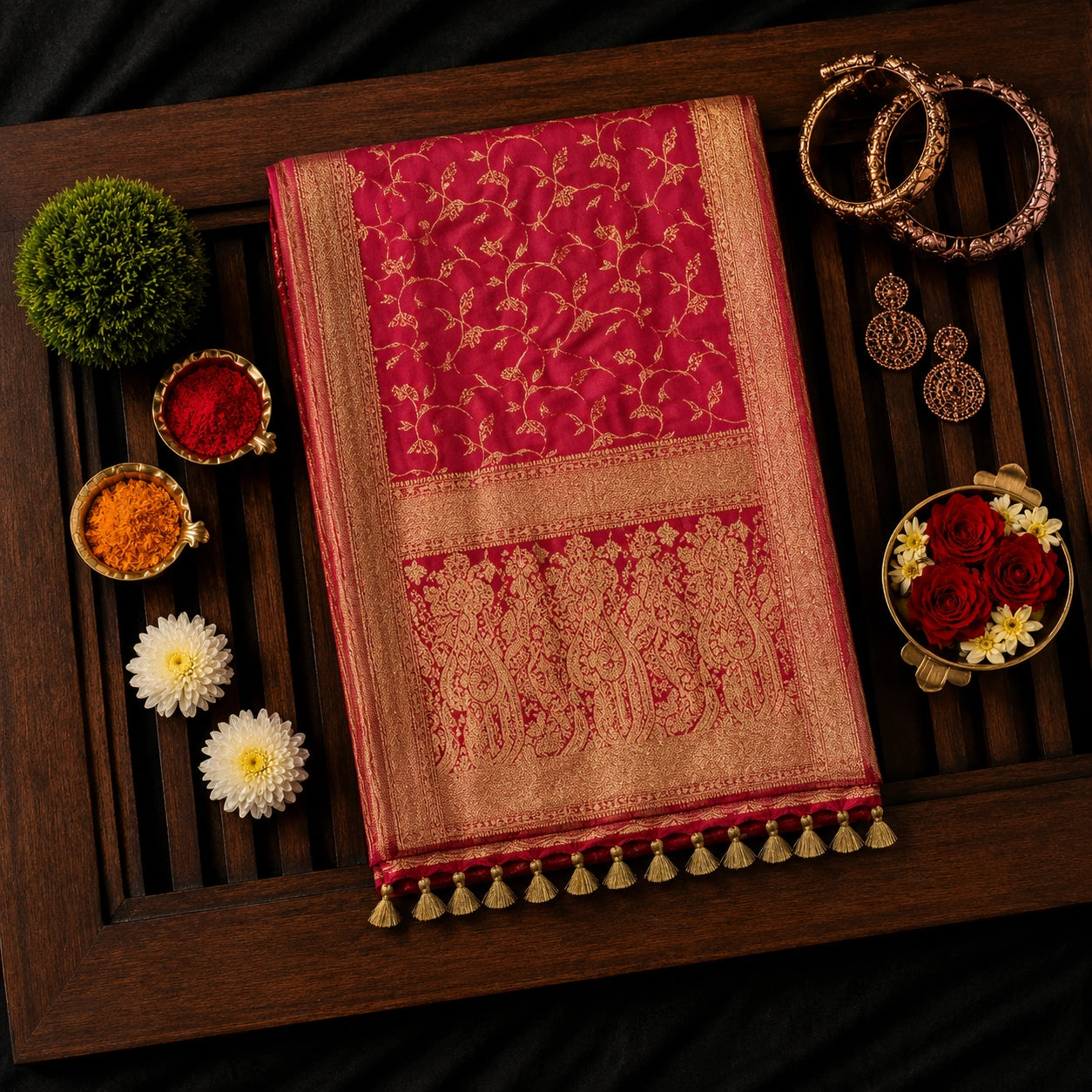 Red Pure Masru Silk Saree with Gold Floral Vine Weaving and Ornate Zari Border