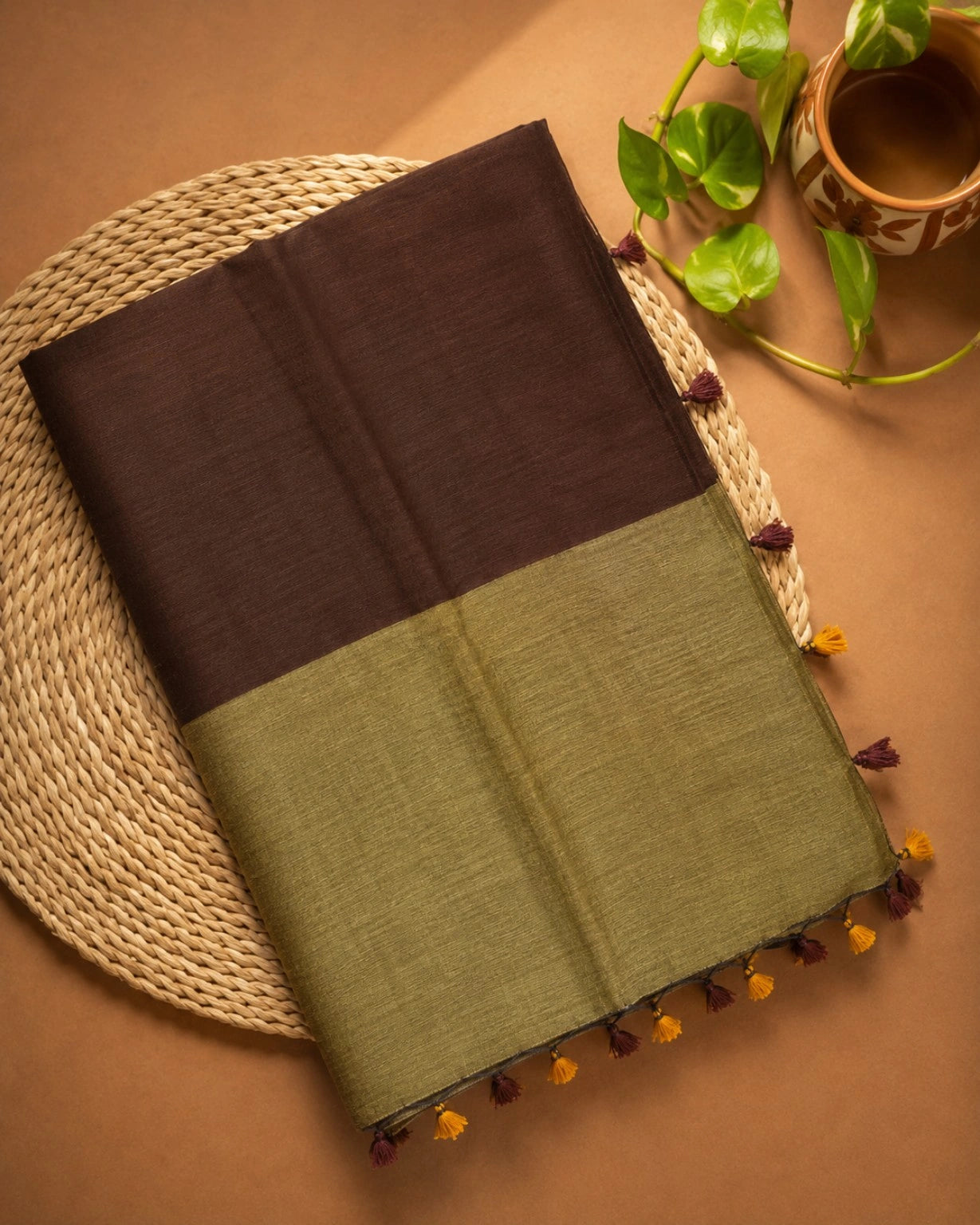 Olive Brown Khadi Saree with Contrast Dark Brown Pallu and Handcrafted Tassel Border