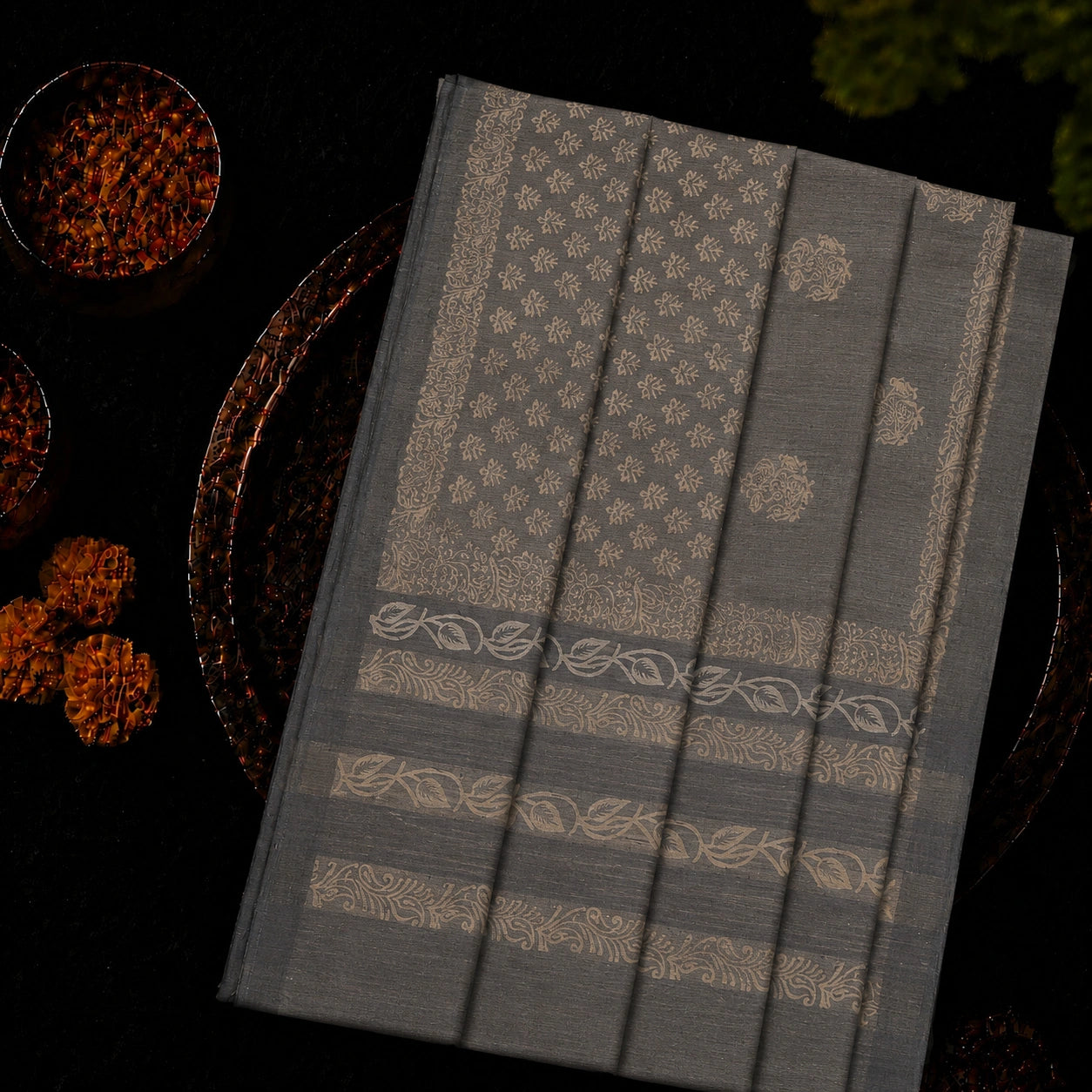 Charcoal Grey Tussar Batik Saree with Beige Floral Motifs and Artistic Border Design
