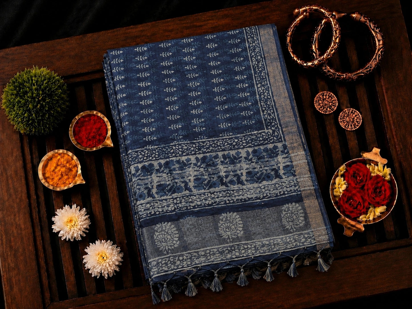 Indigo Blue Linen Saree with Traditional Hand Block Floral Border and Ethnic Print Pallu