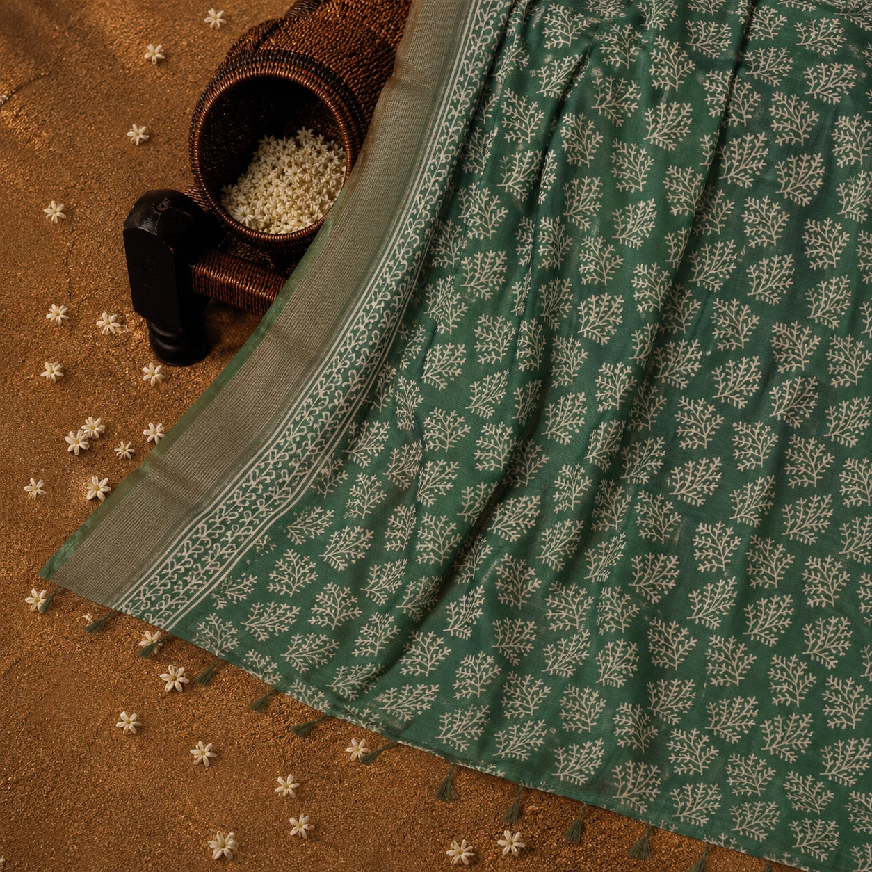 Sage Green Maheshwari Saree with White Floral Buti Print and Traditional Border