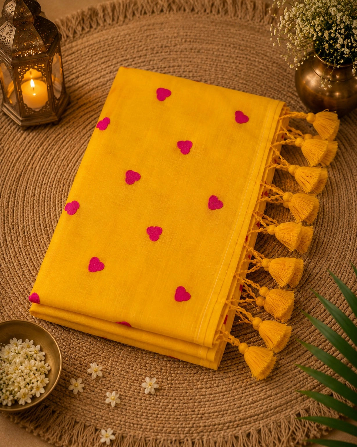 Sunshine Yellow Mul Cotton Embroidery Saree with Pink Heart Motifs & Tassel Pallu