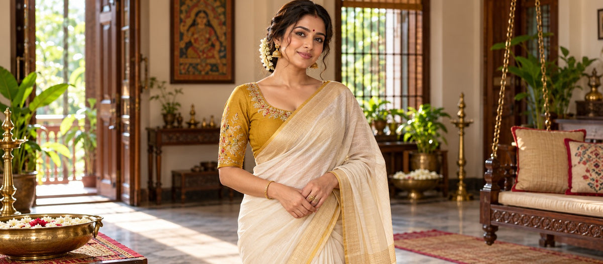 Woman in mustard embroidered blouse and ivory saree, centered